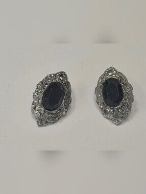 Vintage Style Silver Tone Black Oval Crystal Rhinestone Earrings Butterfly Back